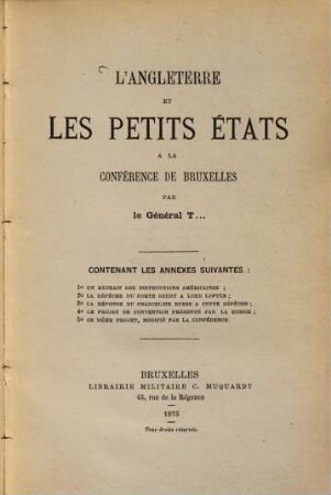 L' Angleterre et les petits états à la conférence de Bruxelles : Par le Général T ... [Brialmont, Abri]