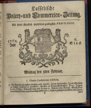 6. Stueck, Montag den 8ten Februar 1762