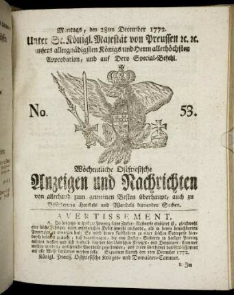 No. 53. Montags, den 28ten December 1772.