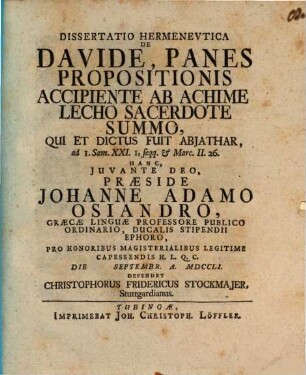 Diss. ... de Davide, panes propositionis accipiente ab Achimelecho sacerdote summo