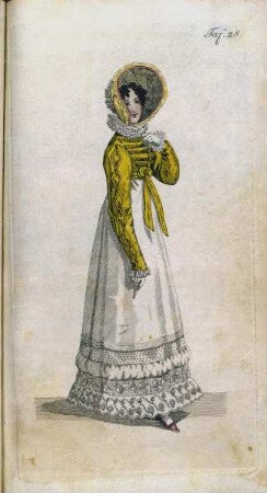 Biedermeier Mode aus: Journal für Literatur, Kunst, Luxus und Mode, Bd. 33, Jg. 1818 — Tafel 28: Dame mit Kleid und Hut