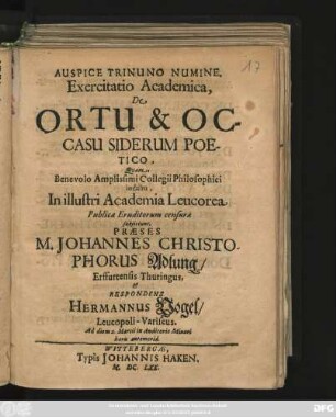 Exercitatio Academica, De Ortu & Occasu Siderum Poetico