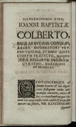Illustrissimo Viro, Ioanni baptistæ Colberto, ...