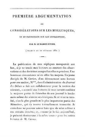 Première Argumentation Ou Considérations Sur Les Mollusques, Et En Particulier Sur Les Céphalopodes [...] (Séance Du 22 Février 1830.)