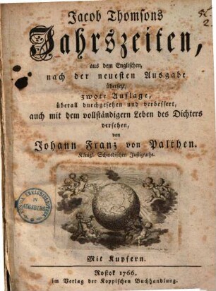 Jacob Thomsons Jahrszeiten : aus dem Englischen, nach der neuesten Ausgabe übersezt