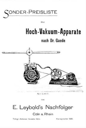 Sonder-Preisliste über Hoch-Vakuum-Apparate nach Dr. Gaede