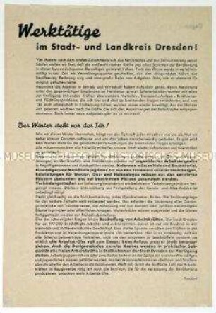 Aufruf der KPD Dresden zur freiwilligen Aufbauarbeit und zur Festigung der Einheitsfront der antifaschistisch-demokratischen Parteien