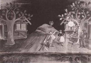 Bühnenbildentwurf zu Carl Orff: Der Mond : Schade, Gerhard: Bühnenbildentwurf zu "Der Mond", Oper von Carl Orff. Deckfarben auf Leinwand; 35 x 49 cm. Staatstheater Dresden. Ausstellung "Das Bühnenbild", 23.10.-21.11.1954, Dresden, Albertinum