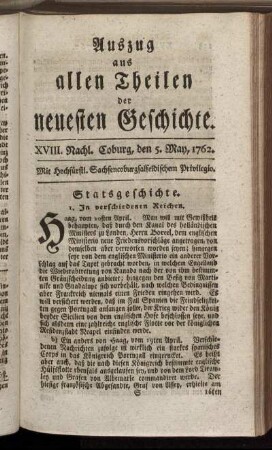XVIII. Nachl. Coburg, den 5. May, 1762.