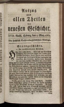 XVIII. Nachl. Coburg, den 5. May, 1762.