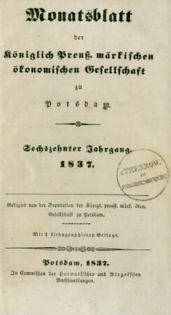 16.1837: Monatsblatt der Königlich Preuß. märkischen ökonomischen Gesellschaft zu Potsdam
