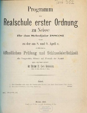 Programm der Realschule Erster Ordnung zu Neisse : für das Schuljahr .... 1880/81