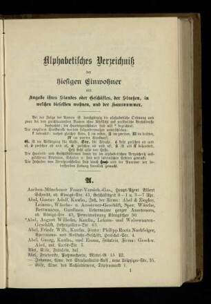 Alphabetisches Verzeichniß der hiesigen Einwohner