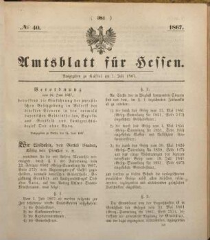 № 40. Ausgegeben zu Cassel am 1. Juli 1867.