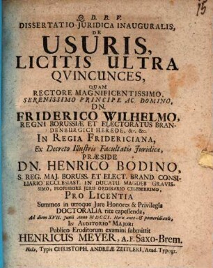 Dissertatio Juridica Inauguralis, De Usuris, Licitis Ultra Qvincunces