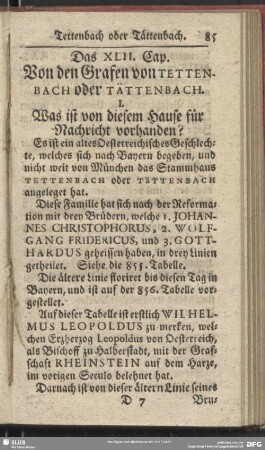 Das XLII. Cap. Von den Grafen von Tettenbach oder Tättenbach