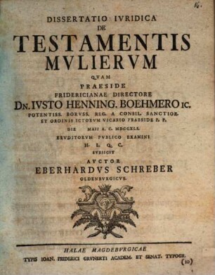 Dissertatio Ivridica De Testamentis Mvliervm