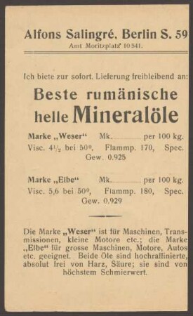 Werbepostkarte Öle und Fettwarenfabrik "Alfons Salingré", Hasenheide 54