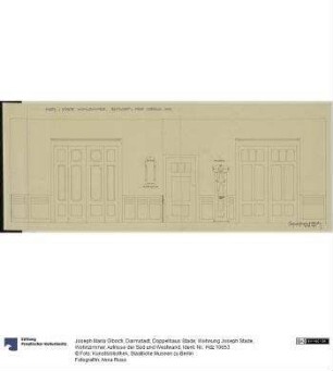Darmstadt, Doppelhaus Stade, Wohnung Joseph Stade, Wohnzimmer, Aufrisse der Süd und Westwand