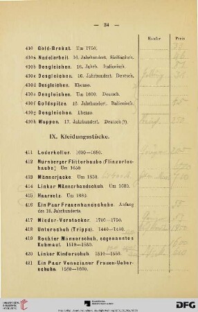 IX. Kleidungsstücke (Nr. 411-424)