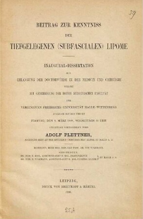 Beitrag zur Kenntniss der tiefgelegenen (subfascialen) Lipome : Inaug.-Diss. d. Univ. Halle