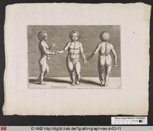 Drei kleine Kinder, dargestellt in der Frontal-, Seiten-, und Rückenansicht.