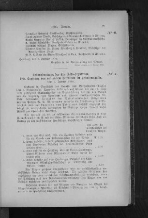 No. 7 Bekanntmachung der Theerhofs-Deputation, betr. Lagerung von raffiniertem Petroleum im Petroleumhafen