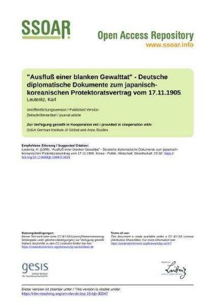 "Ausfluß einer blanken Gewalttat" - Deutsche diplomatische Dokumente zum japanisch-koreanischen Protektoratsvertrag vom 17.11.1905