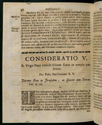 38-48, CONSIDERATIO V. B. Virgo Patri coelesti Filium suum in templo praesentat.