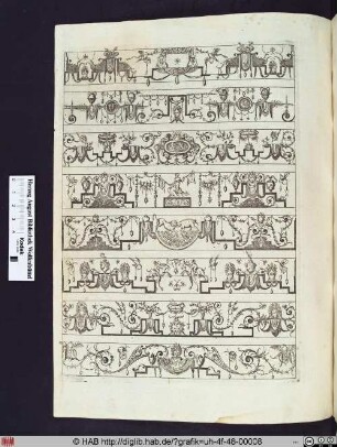 Grotesken, ornamentale Verzierungen und verschiedene Tierdarstellungen.
