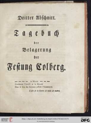 Dritter Abschnitt: Tagebuch der Belagerung der Festung Colberg