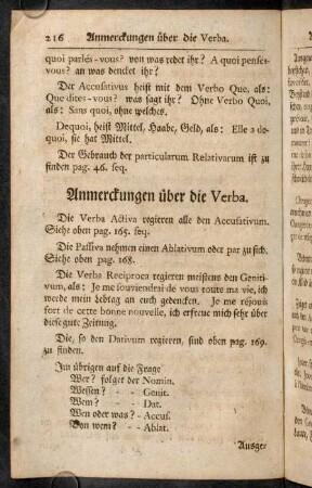 216-224, Anmerkungen über die Verba.; Anmerkungen über die Adverbia und Conjunctiones.; Anmerkungen über die Praepositiones.; Anmerkungen über die Zahlen.; Anmerkungen über die Fragen.