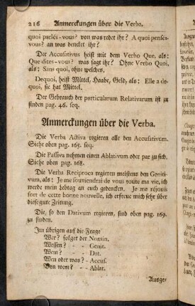 216-224, Anmerkungen über die Verba.; Anmerkungen über die Adverbia und Conjunctiones.; Anmerkungen über die Praepositiones.; Anmerkungen über die Zahlen.; Anmerkungen über die Fragen.
