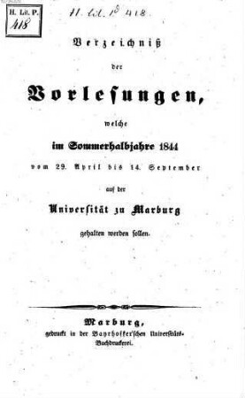Verzeichnis der Vorlesungen. 1844, 1844. SH.