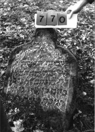 Grabstein 770 (Index: 99751570) Material: Sandstein Zustand: verwittert Maße HxBxT: 81x58x10 cm Beschreibung: Stele, Segmentbogenabschluß mit Mittelakroter: Grabstein 770