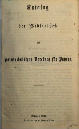 Katalog der Bibliothek des Polytechnischen Vereines für Bayern, 1861