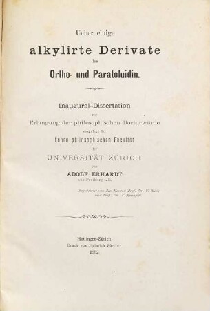 Ueber einige alkylirte Derivate des Ortho- und Paratoluidin : Inaug.-Diss. d. U. Zürich