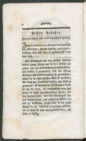 Erster Artickel. Von den Lastern und verhältnismäßigen Strafen