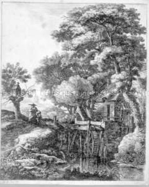 Die Wassermühle (links kleine Kapelle in einer Baumkrone) - aus einer Folge hochformatiger Landschaften ohne Nummer