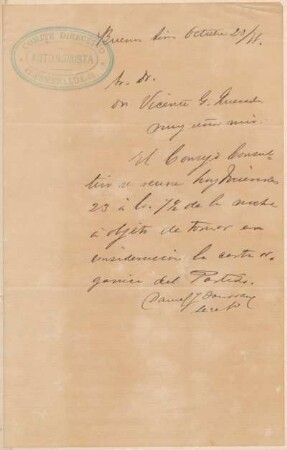 [Carta a Vicente Quesada en español, Buenos Aires, 29 de octubre de 1878] : Comité Directivo Autonomista
