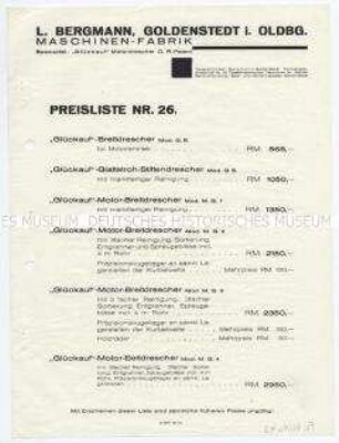 Preisliste über Dreschmaschinen