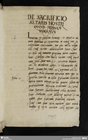 [Faszikel 2:] De sacrificio altaris nostri quod missam vocamus.