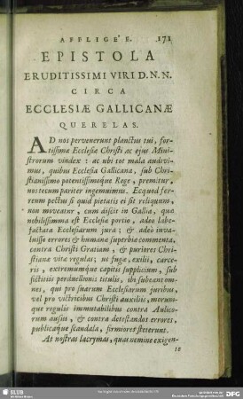 Epistola Eruditissimi Viri D. N. N. Circa Ecclesiae Gallicanae Querelas