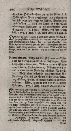 Reiseallmanach: enthaltend die Postcours von Wien nach den vornehmsten Reichen, Residenzen, Handelsplätzen, Lustörtern, Bädern etc.