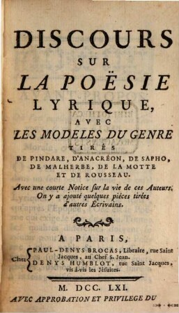 Discours sur la poësie lyrique ...