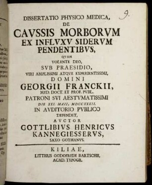 Dissertatio Physico Medica, De Cavssis Morborvm Ex Inflvxv Sidervm Pendentibvs