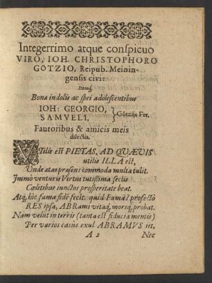Integerrimo atque conspicuo Viro, Ioh. Christophoro Götzio, Reipub. Meiningensis civi: