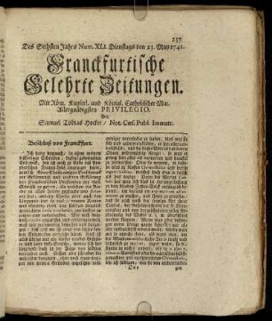 Num. XLI. Dienstags den 23. May 1741 - Num. XLX. Freytags den 23. Junii. 1741