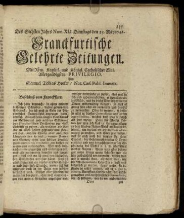 Num. XLI. Dienstags den 23. May 1741 - Num. XLX. Freytags den 23. Junii. 1741