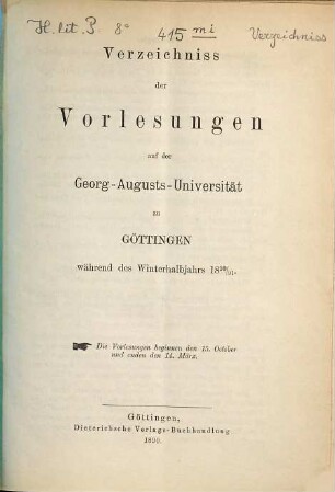 Verzeichnis der Vorlesungen. 1890/91. WH